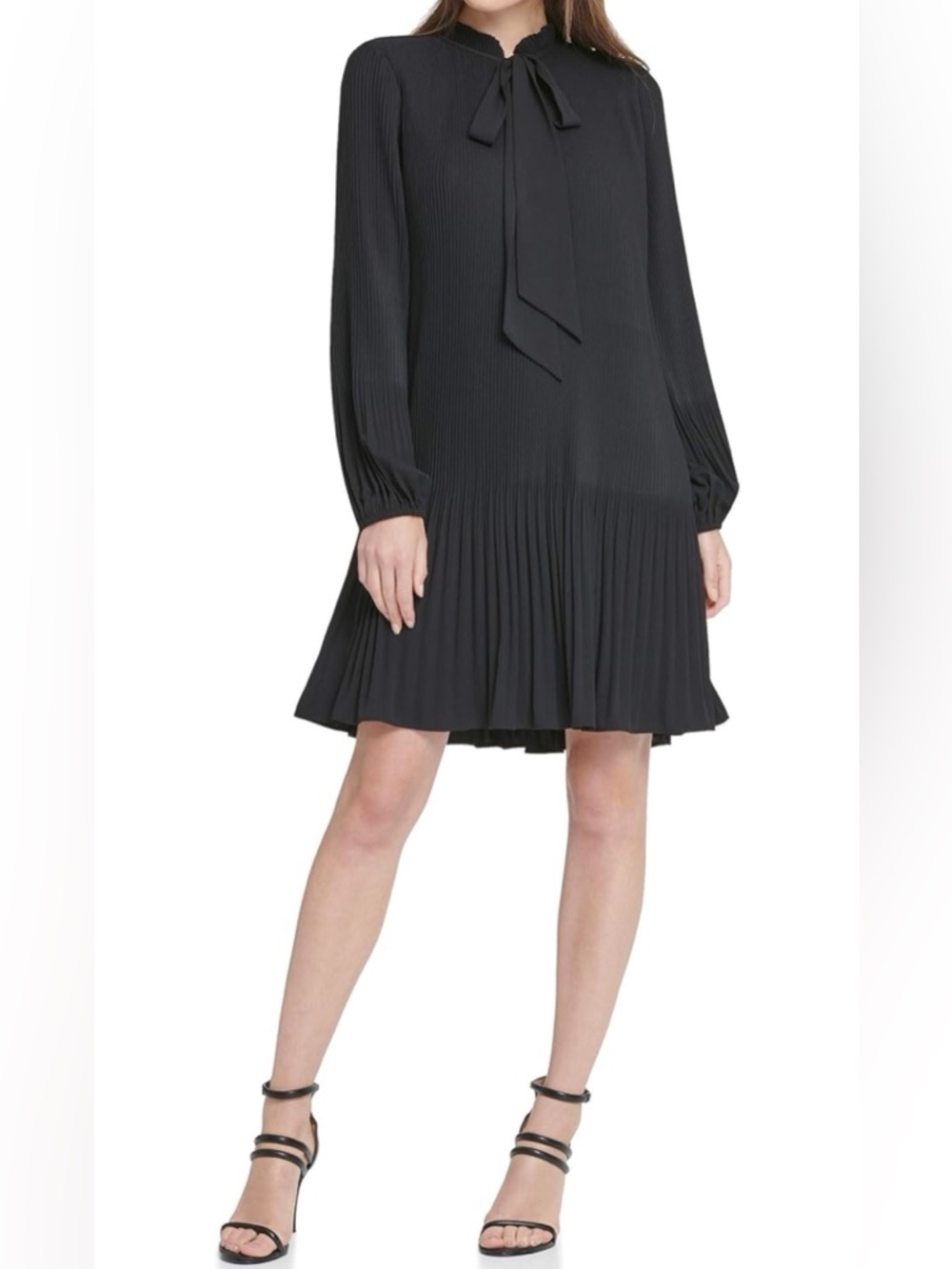 DKNY Black Pleated Long-Sleeve Tie-Neck Dress